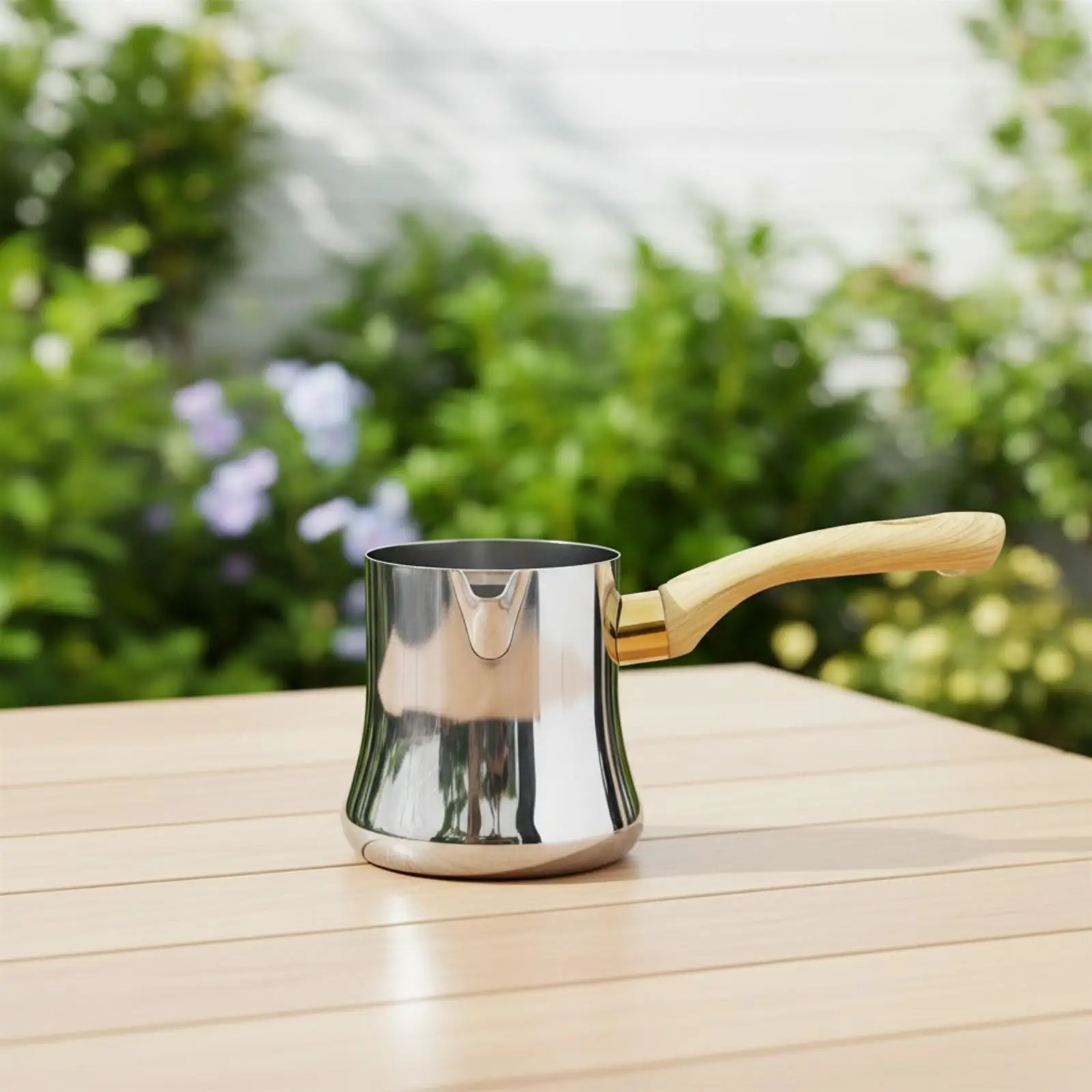 Stainless Steel Coffee and Milk Pitcher Polished Reflective Pitcher with Wood-Grain Handle Flared Body Steaming Jug for Everyday