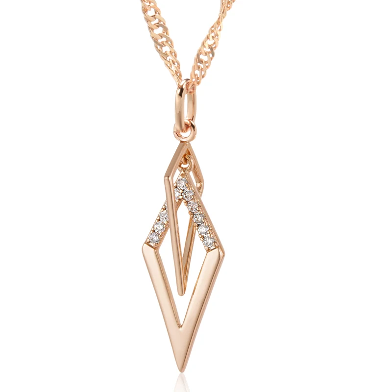 Kinel Fashion Glossy Hollow Rhombus Pendant Necklace for Women Unusual Natural Zircon 585 Rose Gold Color Daily Fine Jewelry