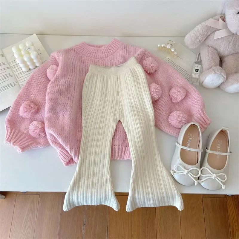 

Children Clothes 2025 Autumn and Winter Girls Wool Pants Fashionable Knitted Bell Bottoms Or Ball Knitted Sweater Tops 2-7Y