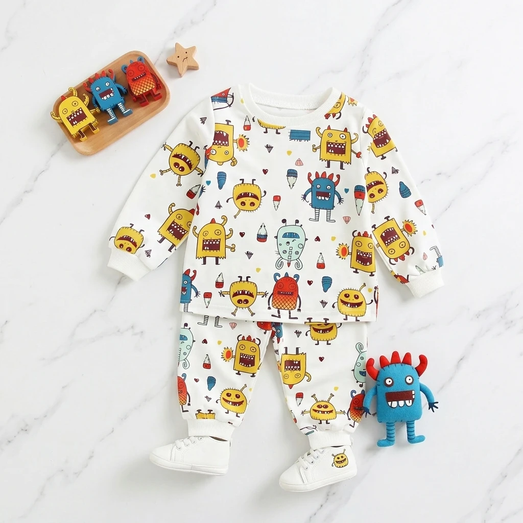 Fashion Baby Little Kids Clothing Sets Long Sleeve Tops + Long Pants Monsters