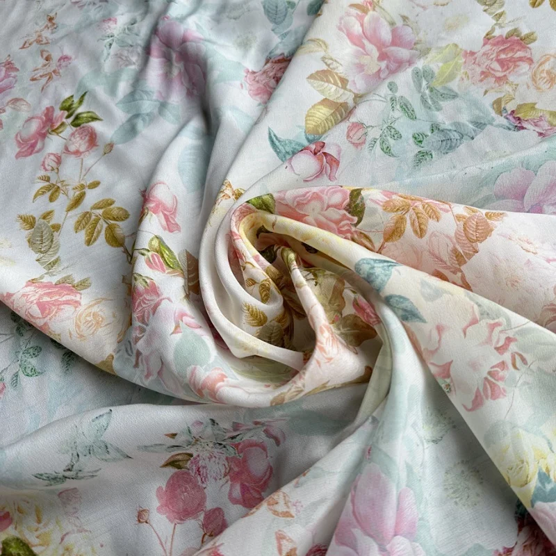 

1 meter 100% Mulberry Silk 14 momme Crepe Silk Rose Floral Printed 140cm 55" wide by the yard JN138