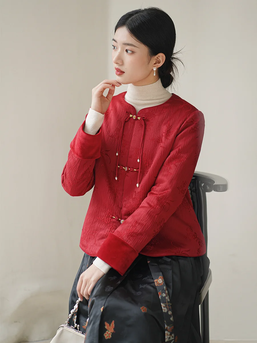 

New Chinese Sle ort Jaet Women's Autumn Winter Red Button Cotton Coat Small Coat round Ne Long Sve Loose Fit