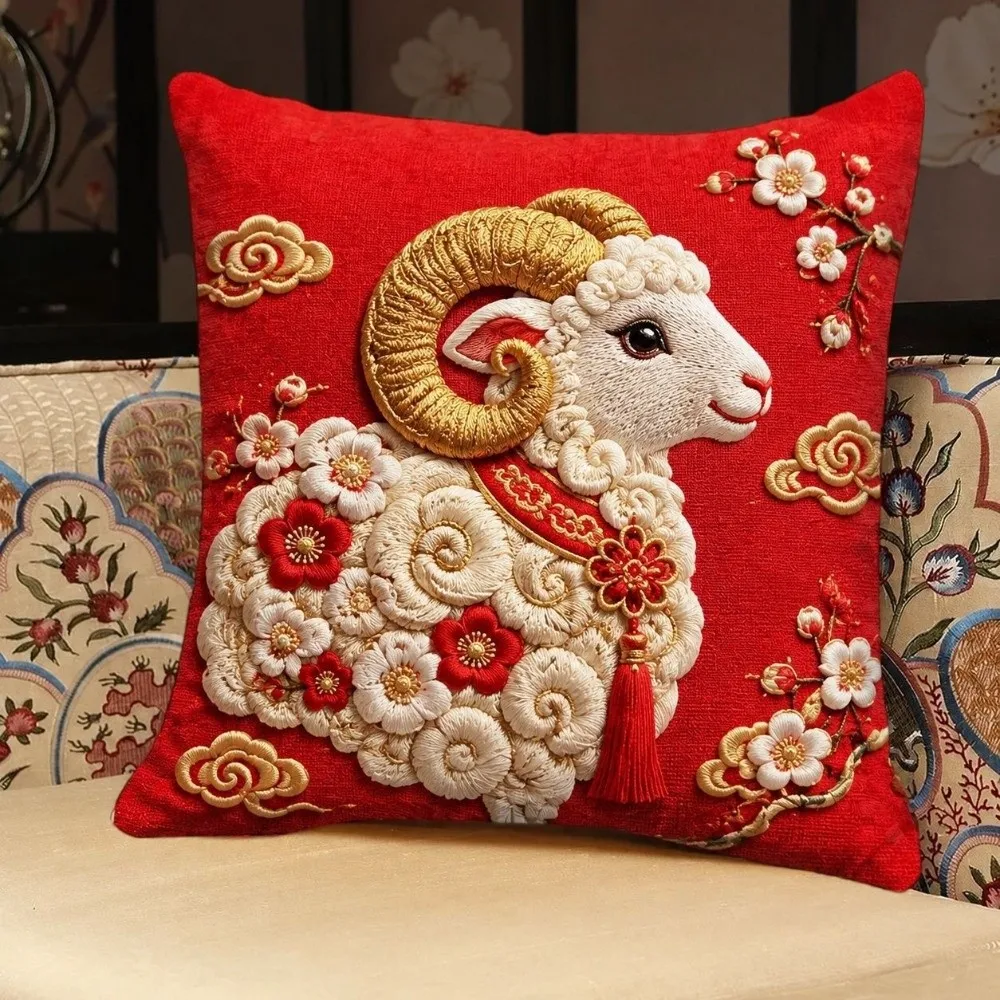 Soft 2027 New Year Sheep Pillow Cover Simulation Year of Sheep Goat Throw Cushion Case Chinese Style Square