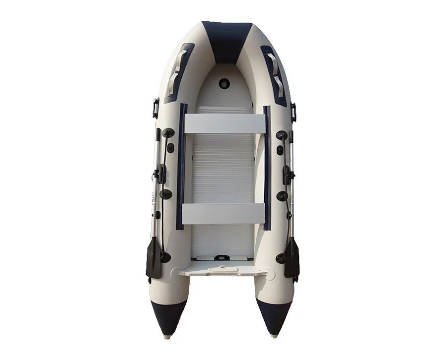 

CE Certificate 3.3M Aluminum Floor Foldable Inflatable Boat With High Pressure 0.9mmPVC Fishing Rowing Boat