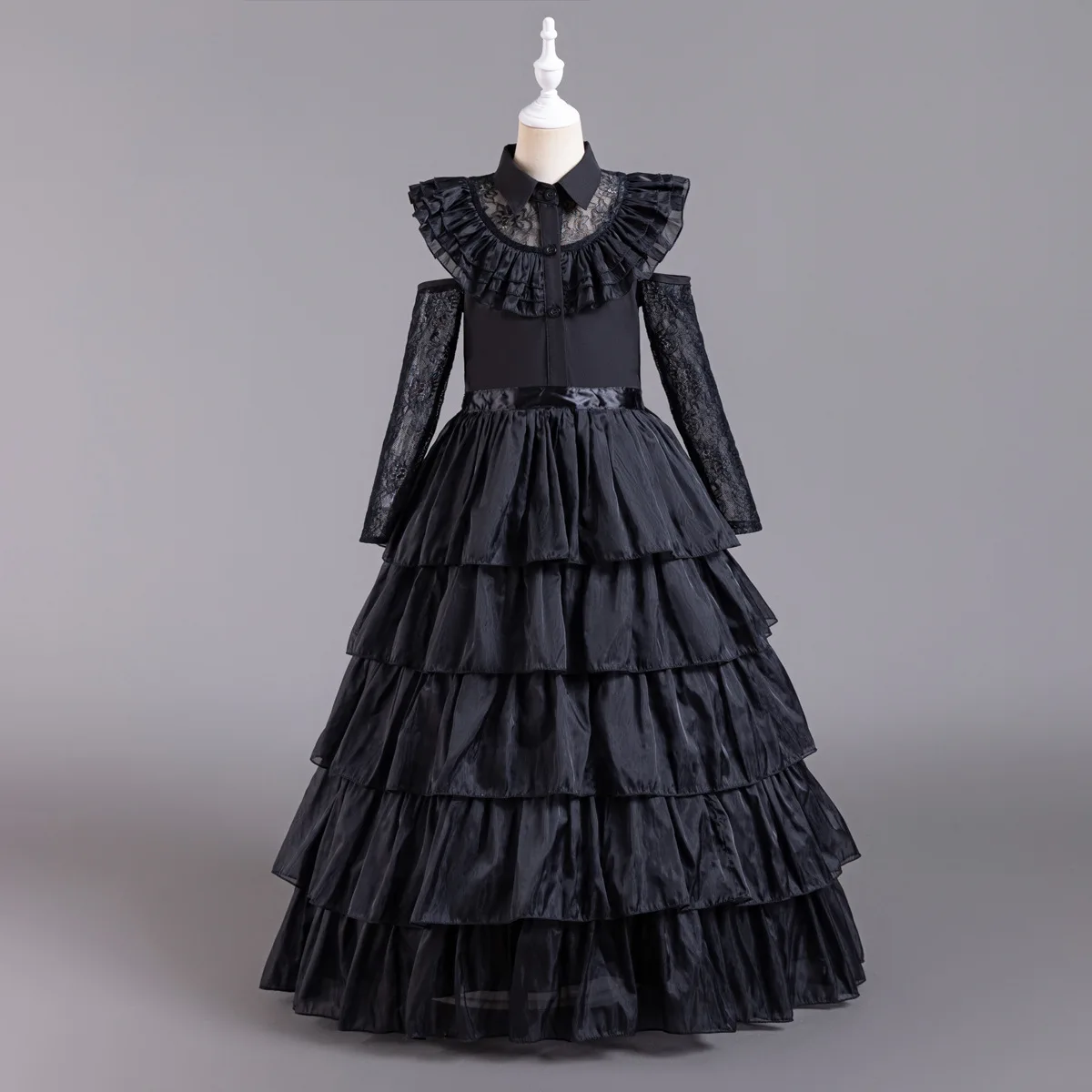 

Girl Off Shoulder Sleeves Skirt Kid Shirt Collar Lace Trimmed Dress Multi Layered Taffeta Waist Children Cinching Style Gown