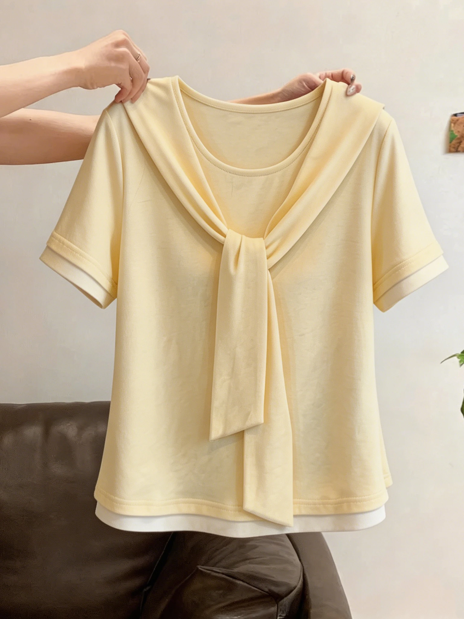 

plus Size Summer New Casual Yellow Short Sleeve T-Shirt Women Loose Slimming Meat Covering Shoulder Appropriate Top