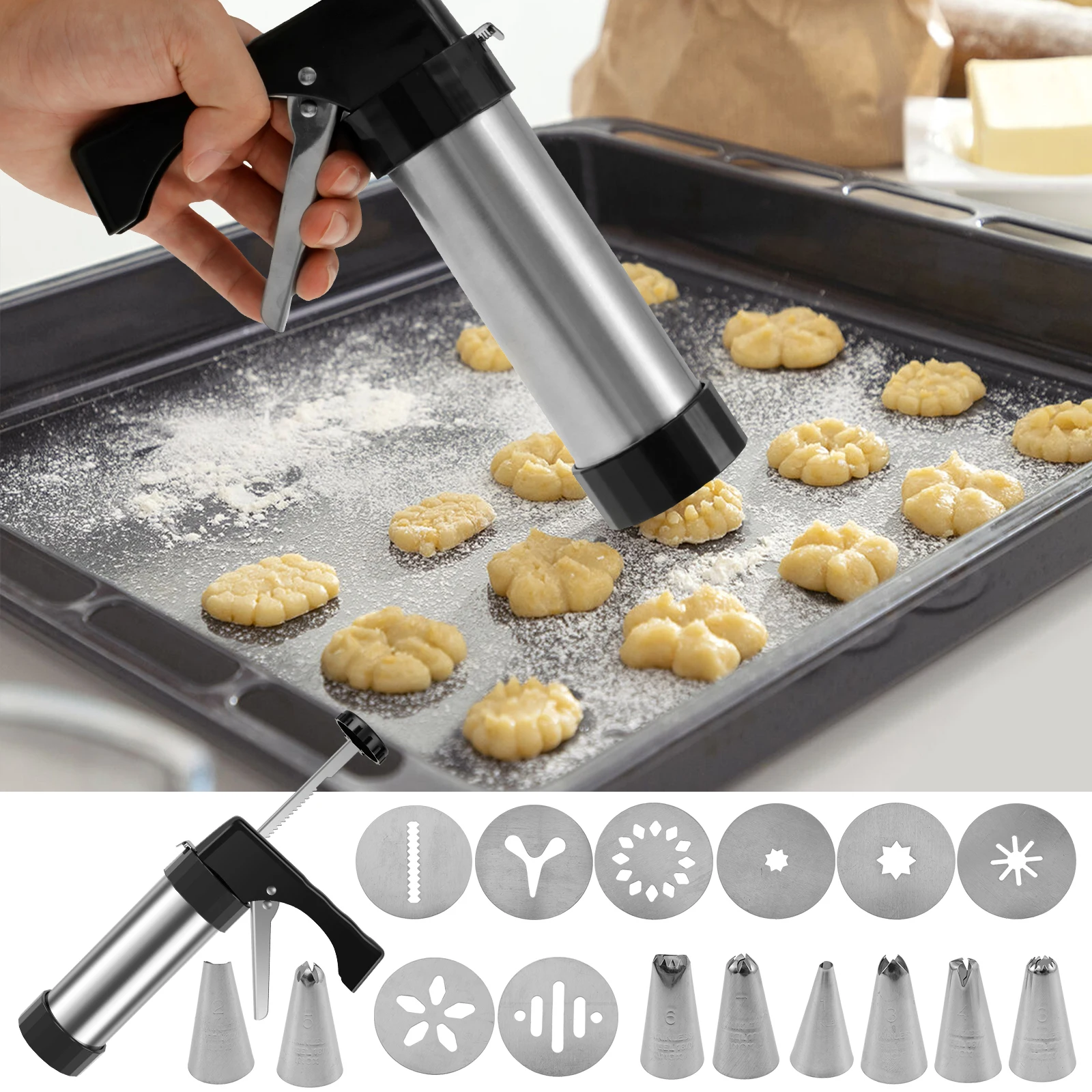 Multipurpose Stainless Steel Cookie Maker Press Kit Manual Churros Maker Machine Cookie Biscuit Press Kit Press Gun Biscuit Tool