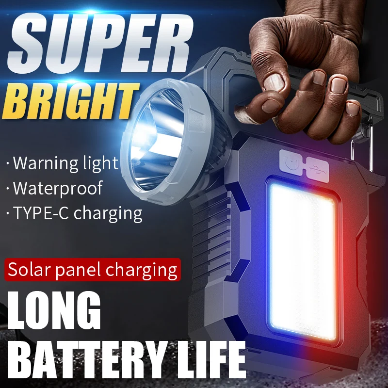 Solar Portable Powerful Rechargeable Flashlight Searchlight With COB Work Light Lantern Outdoor Camping Lamp Built-in Battery