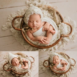 Baby Fotografie Rekwisieten Stretch Baby Swaddle Wrap Retro Thema Kant Wrap Deken Decoratie Pasgeboren Foto Wollen Hoed Accessoires