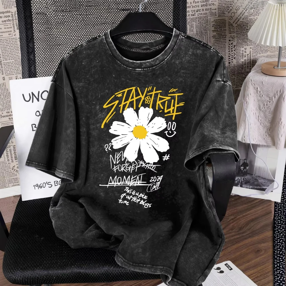 Vintage Daisy Flower T-Shirt Wash Stay True Graphic Tee Harajuku Aesthetic Streetwear Shirt Unisex Casual Top for Men Women