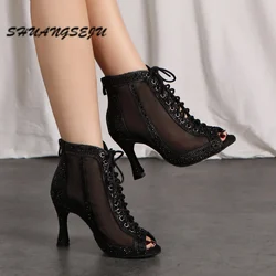SHUANGSEJU New jazz dance ankle boots Heels Dance shoes Adult women's Latin dance shoes fish mouth sexy hollow salsa dance shoes
