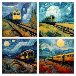 Retro Oil Painting Poster starry Train Iron-on Transfer Thermal Art Sticker For Clothes T-shirt DIY Fashion Heat Transfer Patch