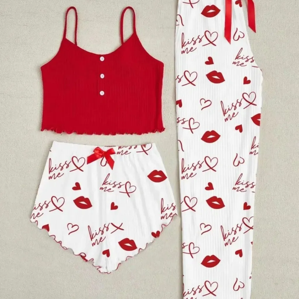3 Pieces New Pajamas Set Women Sleepwear Casual Heart-Shaped Printed Vest and Shorts and Pants Sets Homewear Pijamas