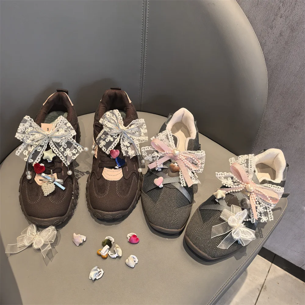 Shoe Charms Flocked Ballet Heart Star Lace Bow Detachable DIY Shoelace Buckle Lightweight Small Assorted for Women Girls