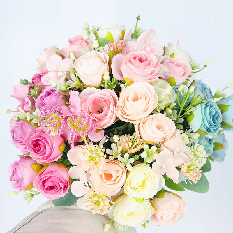 1 Bund künstliche Rosen Bouquet Rose Hortensie Glück Knospe nach Hause Wohnzimmer künstliche Blumen dekoration Hochzeit Herbst Dekor