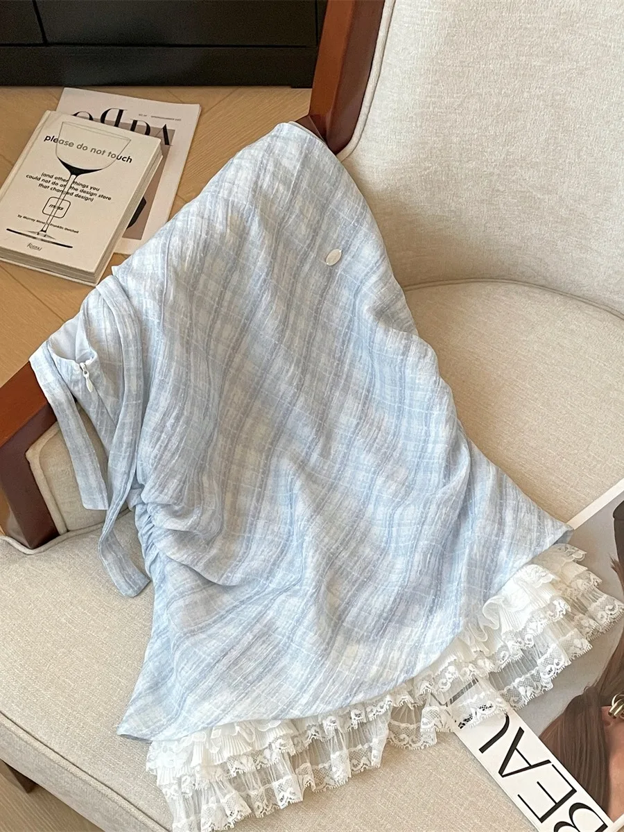 Blauw Kant Splice Geplooide Svel irt Dames Zomer Nieuwe Sle Super Witte Polka Dot Chiffon Top Faionable En Ele