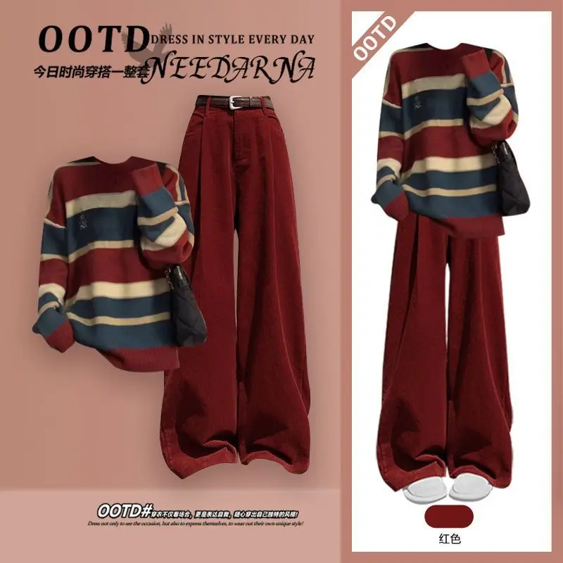 

Korean-style Striped Knit Sweater and Wide-leg Pants Two-piece Set Elegant Women's Pants Set Casual Set