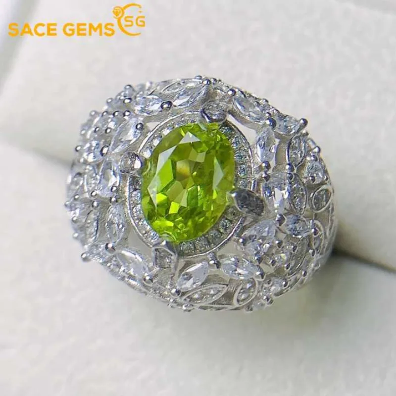 

SACE GEMS New 925 Sterling Silver Certified 6*8MM Natual Peridot Rings for Women Engagement Cocktail Party Fine Jewelry Gift