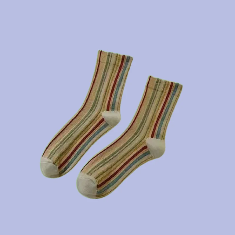 Calcetines de tubo medio Retro para mujer, calcetines de algodón japoneses, bolso mixto a rayas de Color té, talla única, otoño e invierno, 5/10 pares