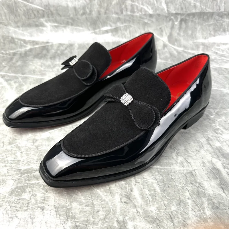 

Black Patent Shoes For Men High Quality Fashion Patchwork Suede Mens Loafers Shoes Butterfly Knot Flats Leather Dress Shoes