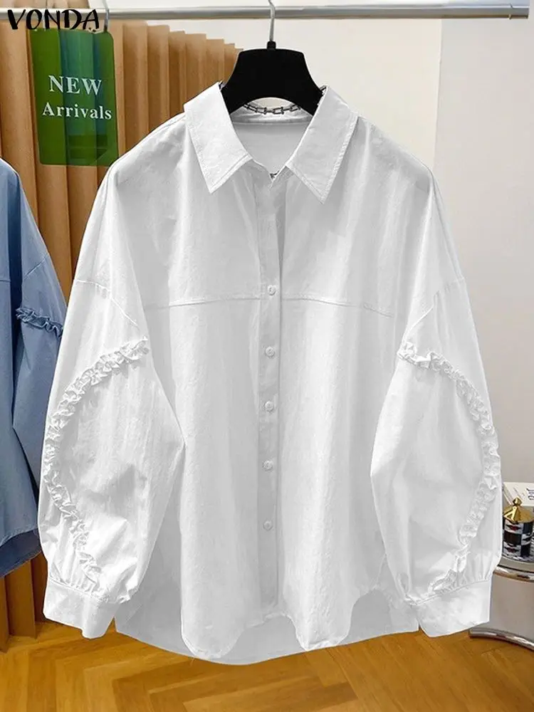 Plus Größe 5XL VONDA Mode Blusen Frauen Herbst Lange Laterne Hülse Shirts 2025, Solide Rüschen Tunika Tops Beiläufige Lose Blusas