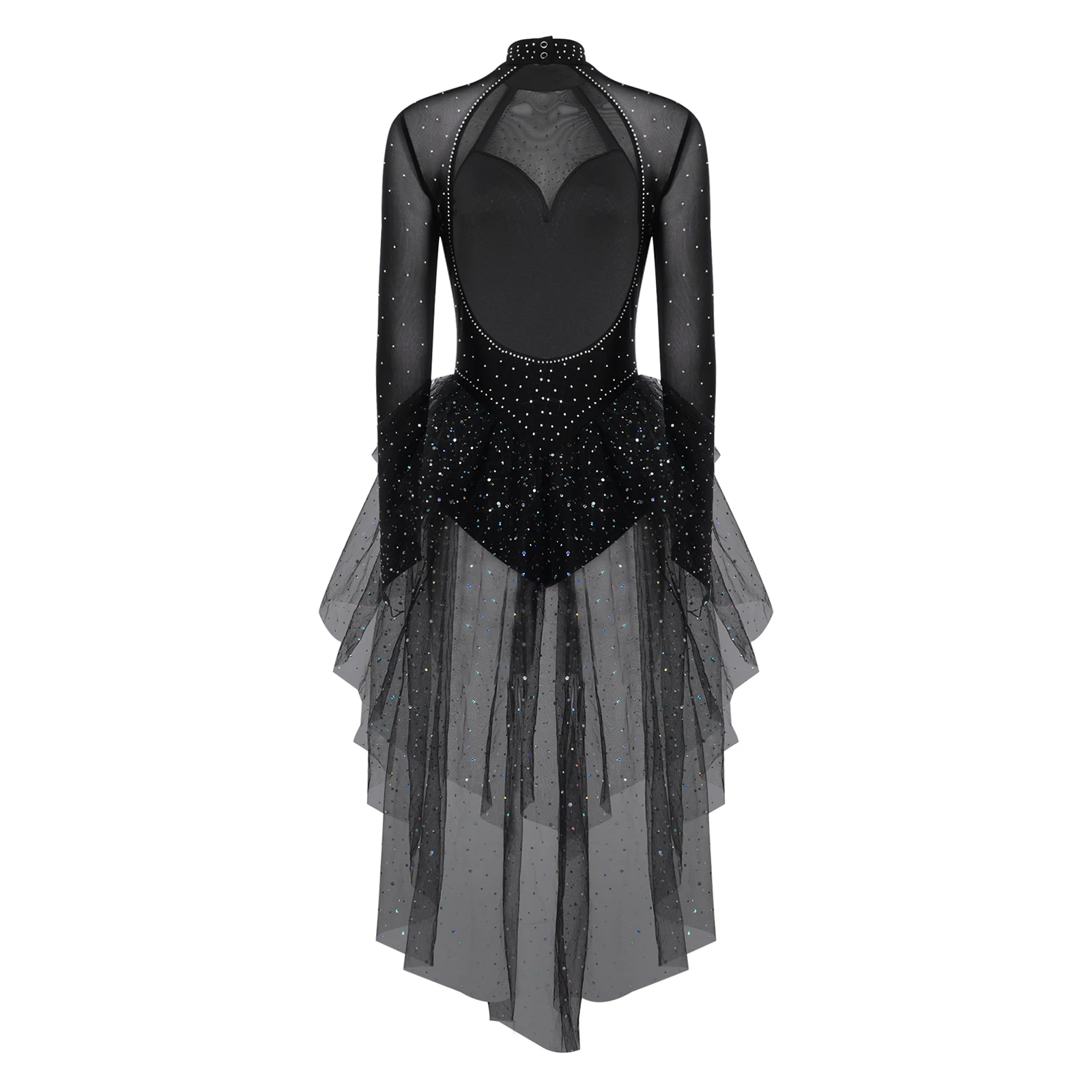 Damen Eiskunstlauf-Bodysuit mit Langen Ärmeln, Strass-Verzierung, Stufenförmigem Rüschen-Tüllrock, Leotard-Jumpsuit für Ballett-Wettbewerbe und Tanzbekleidung – Detail 11