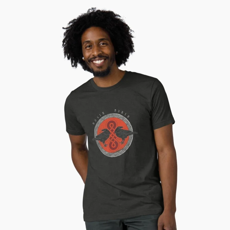 

0415 Odin's Ravens Hugin & Munin Nordic Gift T-Shirt Viking Runes Norse Myths printed Graphic clothes 100% cotton All size tops