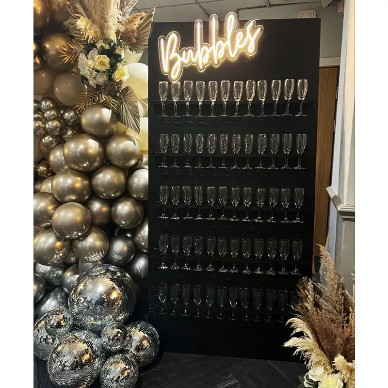 DIY Wooden Champagne Display Wall With Adjustable Holders Perfect For Wedding Reception Bar Setup And Photo Backdrop