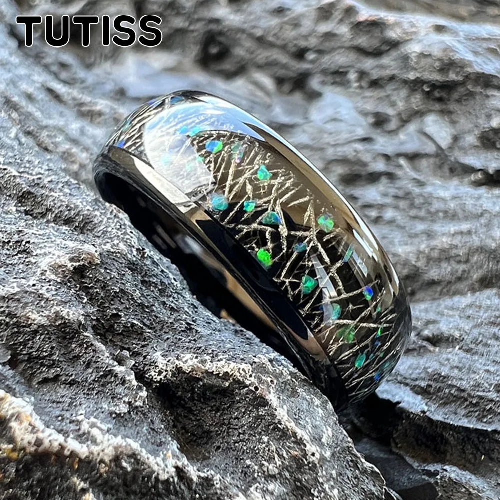 

TUTISS 8mm New Opal Wedding Band Tungsten Carbide Ring With Black Meteorite Inlay Comfort Fit