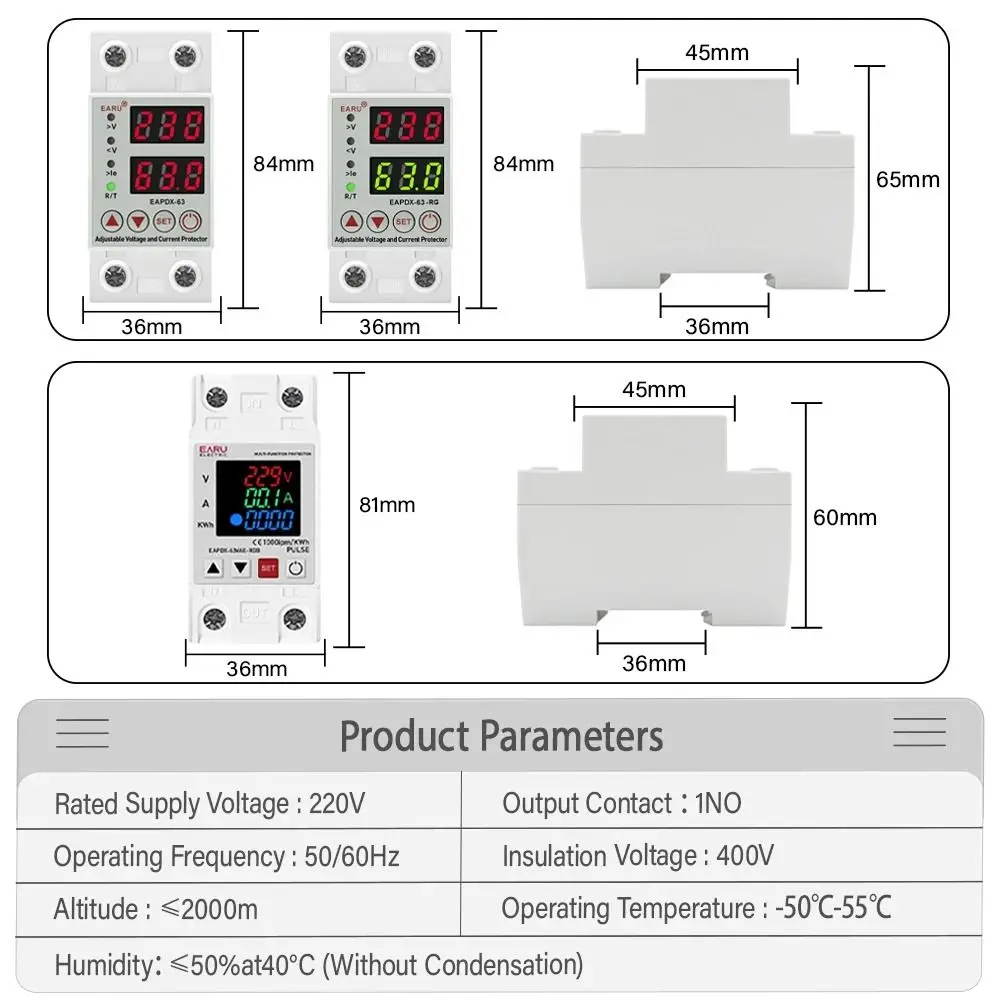 AC 40A 63A 230V Din Rail Adjustable Over Voltage Under Voltage Protective Device Protector Relay Over Current Protection Limit