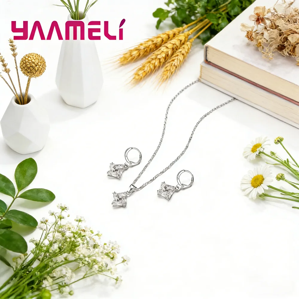 

Hot Sale Solid Cubic Zircons Women Wedding 925 Sterling Silver Jewelry Sets Necklace Drop Earring Female Birthday Gifts