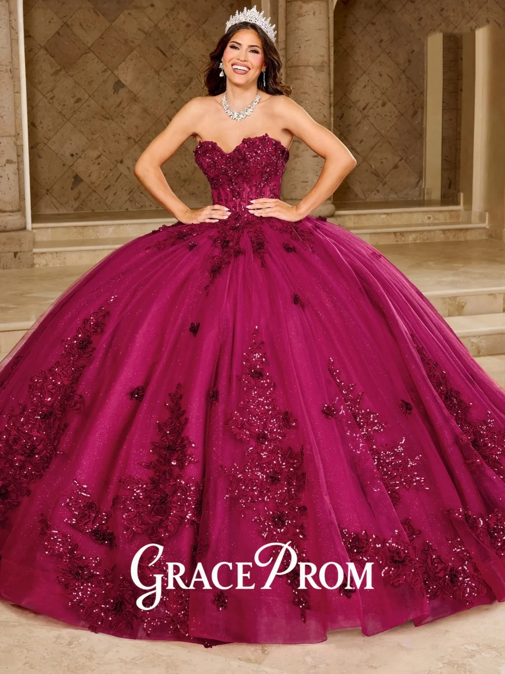 فستان GraceProm مشع بورجوندي تول بدون حمالات Quinceanera فستان رسمي مزين بالترتر فستان عيد ميلاد فستان حفلة فخم