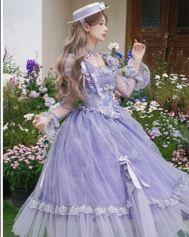 

Original Romantic Long Sleeve Purple OP Dress Lolita Fish Bone Corset Lace Mesh Slim Girl Women's Cla Long Dresses