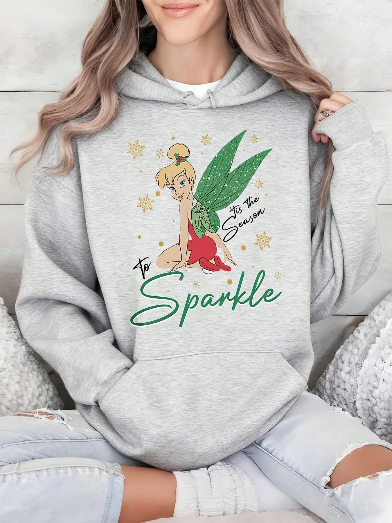 Disney Tinkerbell Hoodie für Damen, Herbst und Winter, Fleece-Kapuzenpullover, Unisex, Streetwear, Übergröße, locker, lässig