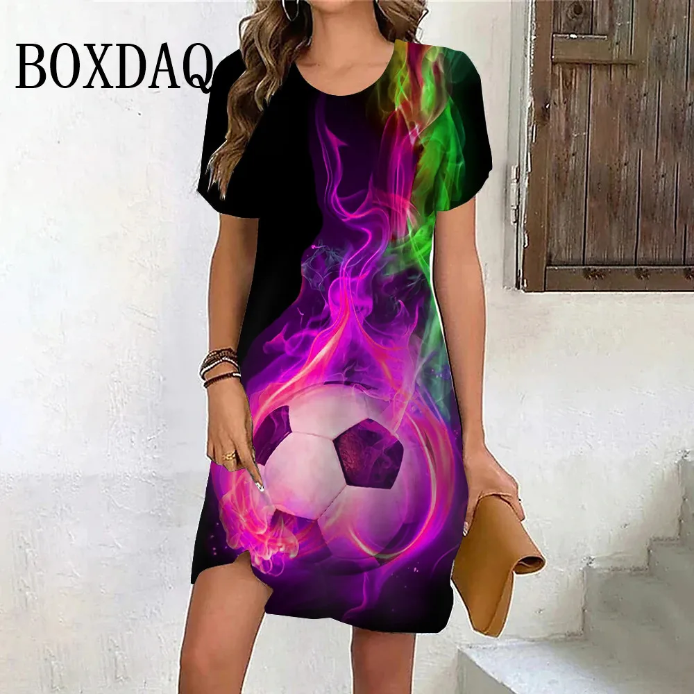 Summer Fashion Football Flame 3D Printed Dresses Soccer Boy Girl Casual Short Sleeve Mini Dress Funny Sport Streetwear Clothes