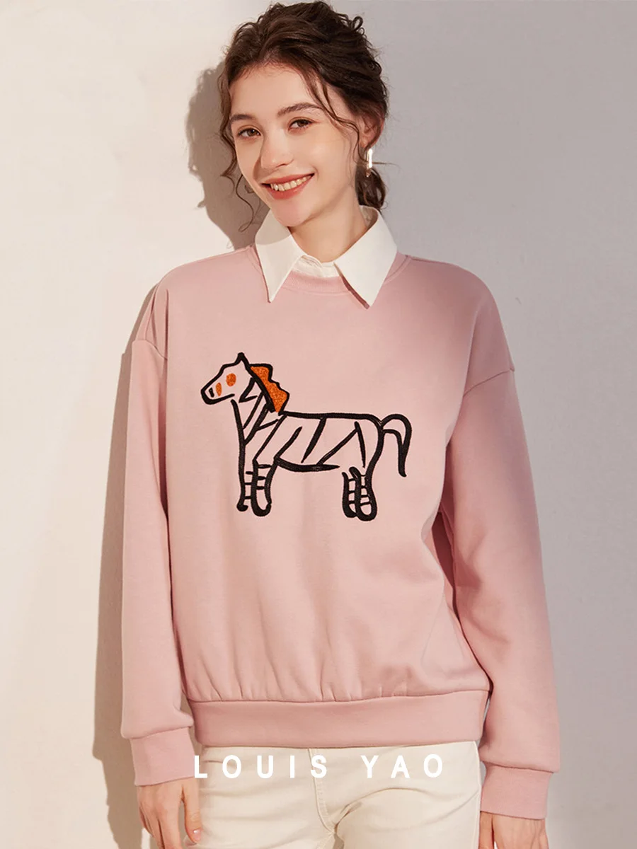 LOUIS YAO 2025 Winter Thick Velvet Round Neck Pony Printed Micro Elastic Shoulder Sleeves Loose Women's Hoodie