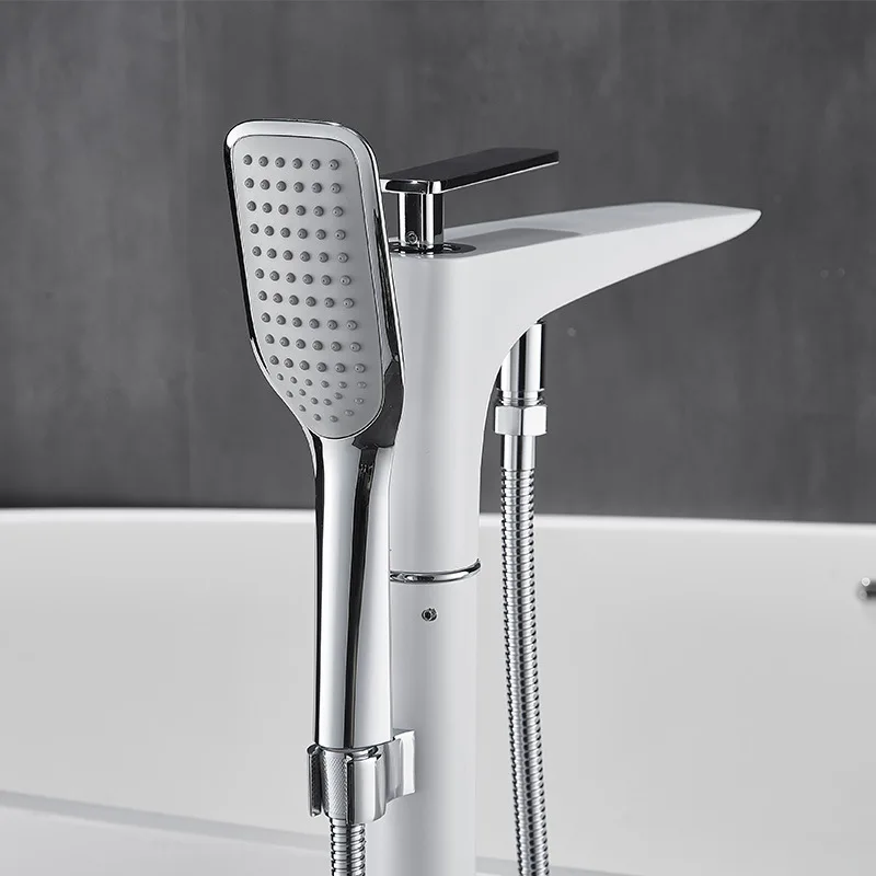 White Freestanding Bathtub Faucet Solid Brass Tub Filler with Shower Head Hot Cold Water Mixer