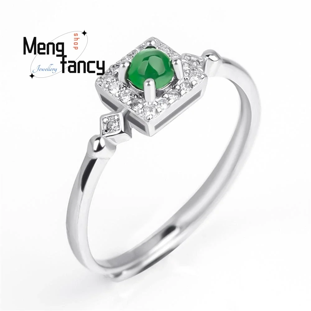 

S925 Silver Inlaid Natural A-goods Jadeite Yang Green Ice Jade Ring Adjustable Exquisite Elegant Luxury Quality Fashion Jewelry