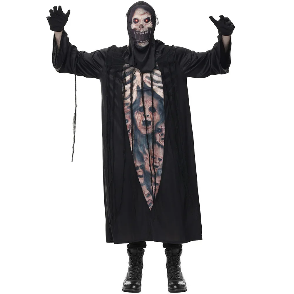 Gruseliges Skelett-Geist-Cosplay-Robe für Erwachsene und Kinder, Monster, Dämon, Teufel, Geist, Sensenmann, Mädchen, Jungen, Männer, Halloween-Party-Kostüm