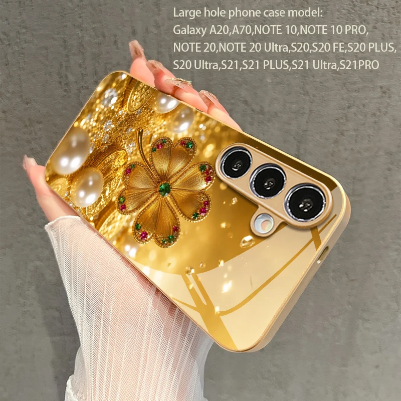 Colorful Gem Four-leaf Pattern 2D Phone Case for Samsung S26 S25 S24 S23 S22 S21 S20 Golden Metal Paint Glass Protective Cover view 4