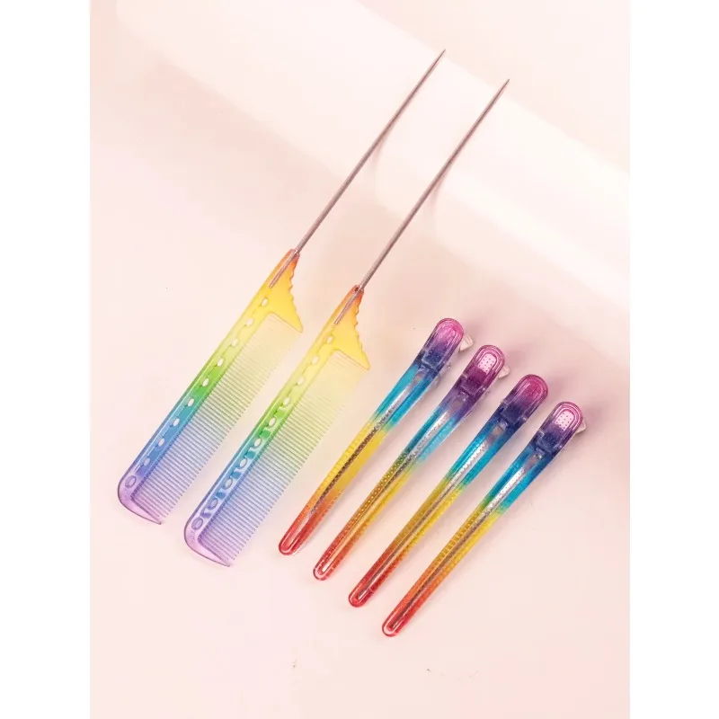 6pcs professional pointed ponytail comb rainbow clip stainless steel ponytail comb hair styling tool Special for real hair wigs