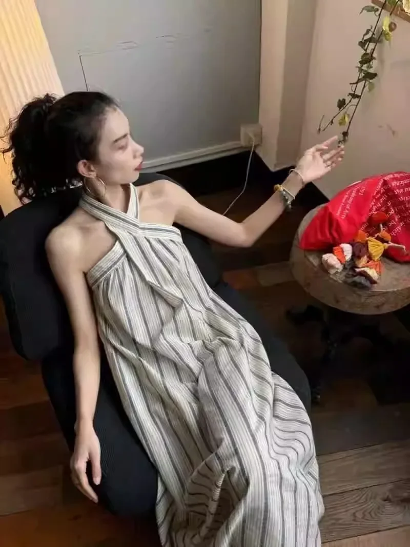 

French Design Striped Off Shoulder Vacation Long Dress For Women'S Summer Casual Temperament Dress