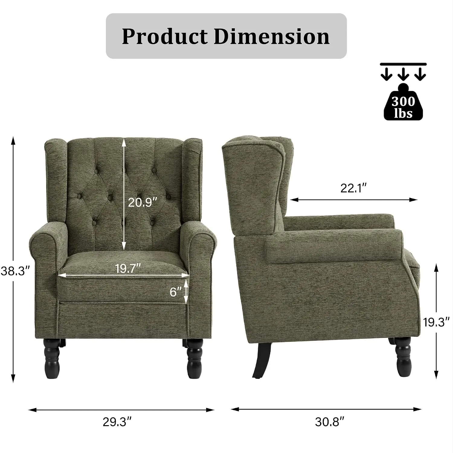 High Back Accent Chair, Tufted Wingback Chair for Living Room, Green, Customized