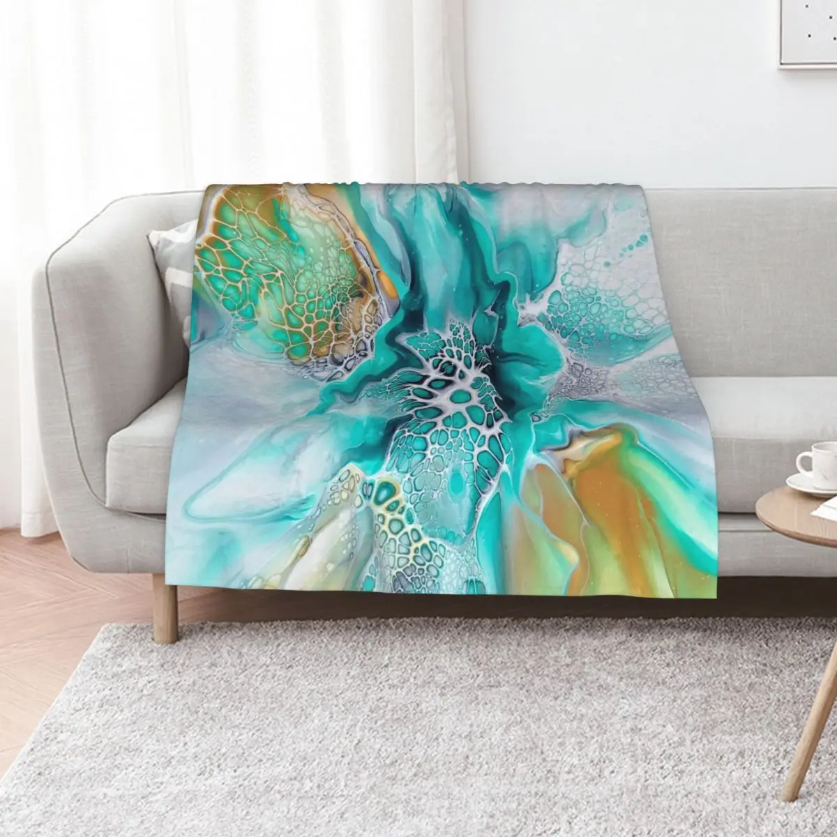 Green Lagoon Inspired Fluid Pour Art Painting with Gold and Grey Throw Blanket Hairys decorative For Baby Blankets