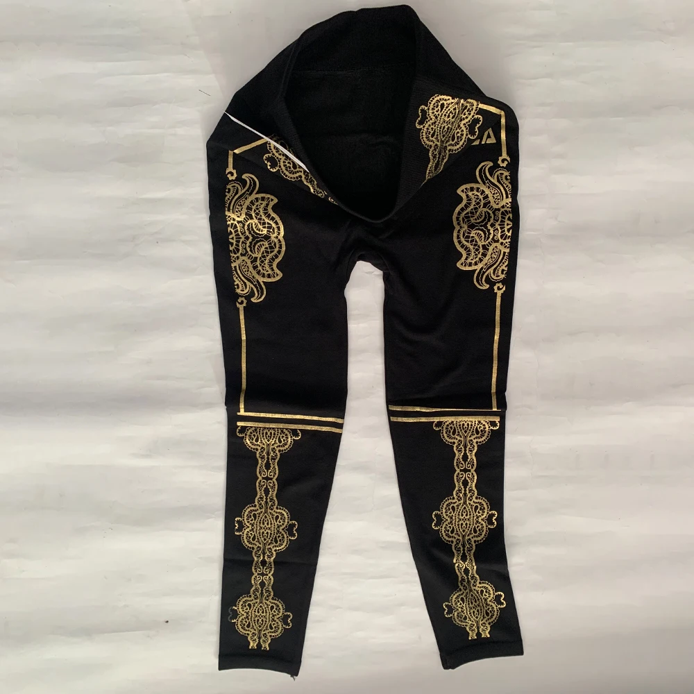 Autumn Spring Letter Print Gold Sequin Women's Glitter Leggings Pants High Waist Elastic Black Pencil Trousers