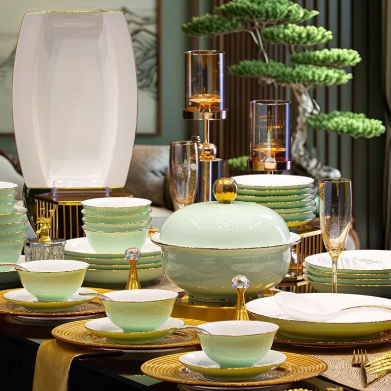 Underglaze color Chinese celadon tableware set Light luxury high-end ceramic dishes