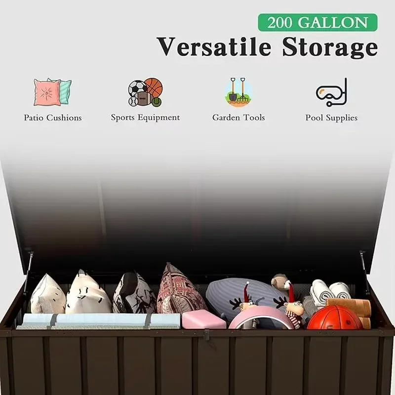 2026 Hot 200 Gallon Metal Deck Box, Waterproof Outdoor Storage Box with Lockable Lid, Large Pool Storage Cabinet, Brown