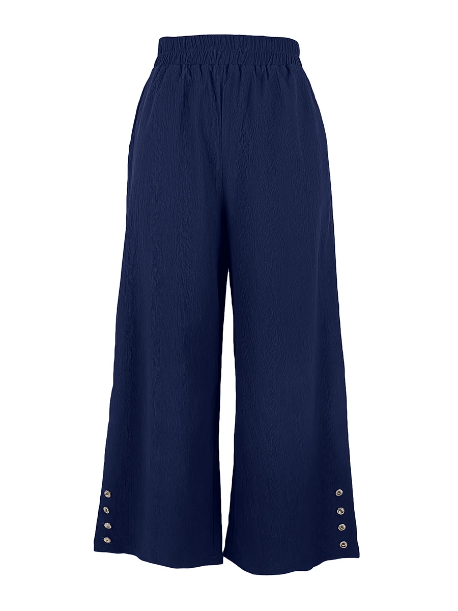 Elegant Loose Women Wide Leg Pants High Waist Navy Blue Trousers with Stylish Side Button Detail for Daily Wear Summer Autumn
