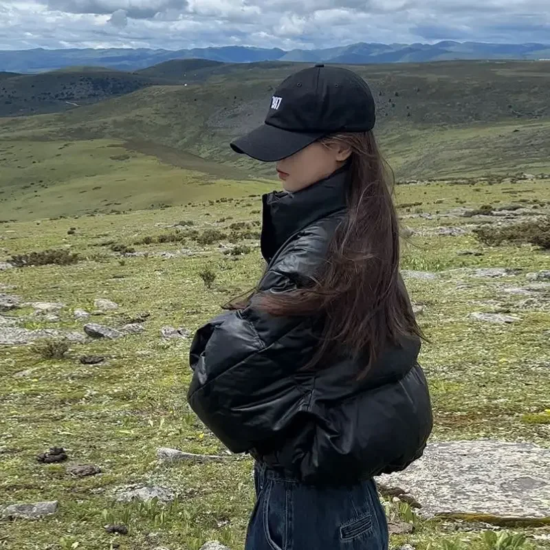 Chaquetas para mujer, Chaqueta de cuero PU marrón Vintage, Chaqueta de algodón, nuevo abrigo corto de algodón americano con cuello de invierno a la moda