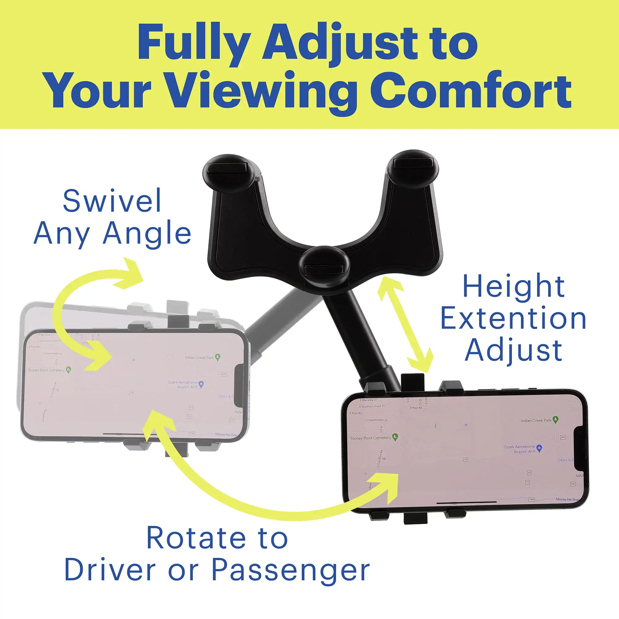 360 Degree Rearview Mirror Mobile Plastic Black Phone Mount, Universal Multifunctional Design